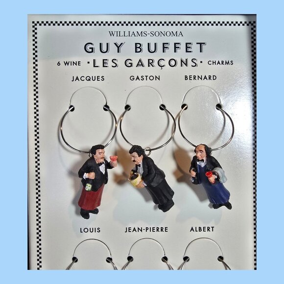 NEW! Williams Sonoma Guy Buffet Les Garçons Wine Charms Set Of 6 w/ Charm Caddy - Picture 3 of 5